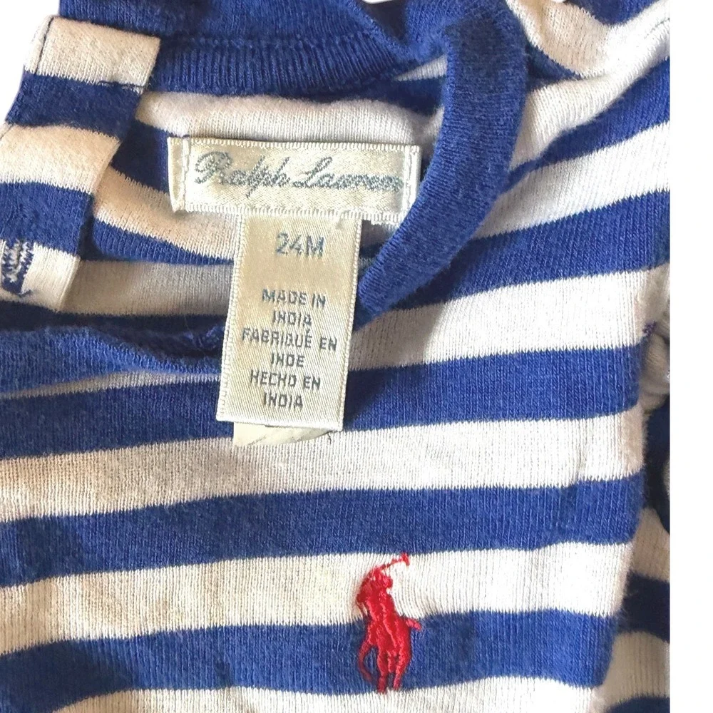 Ralph‎ Lauren Baby Blue Striped Long Sleeve Ruffle Button Back Shirt 24M